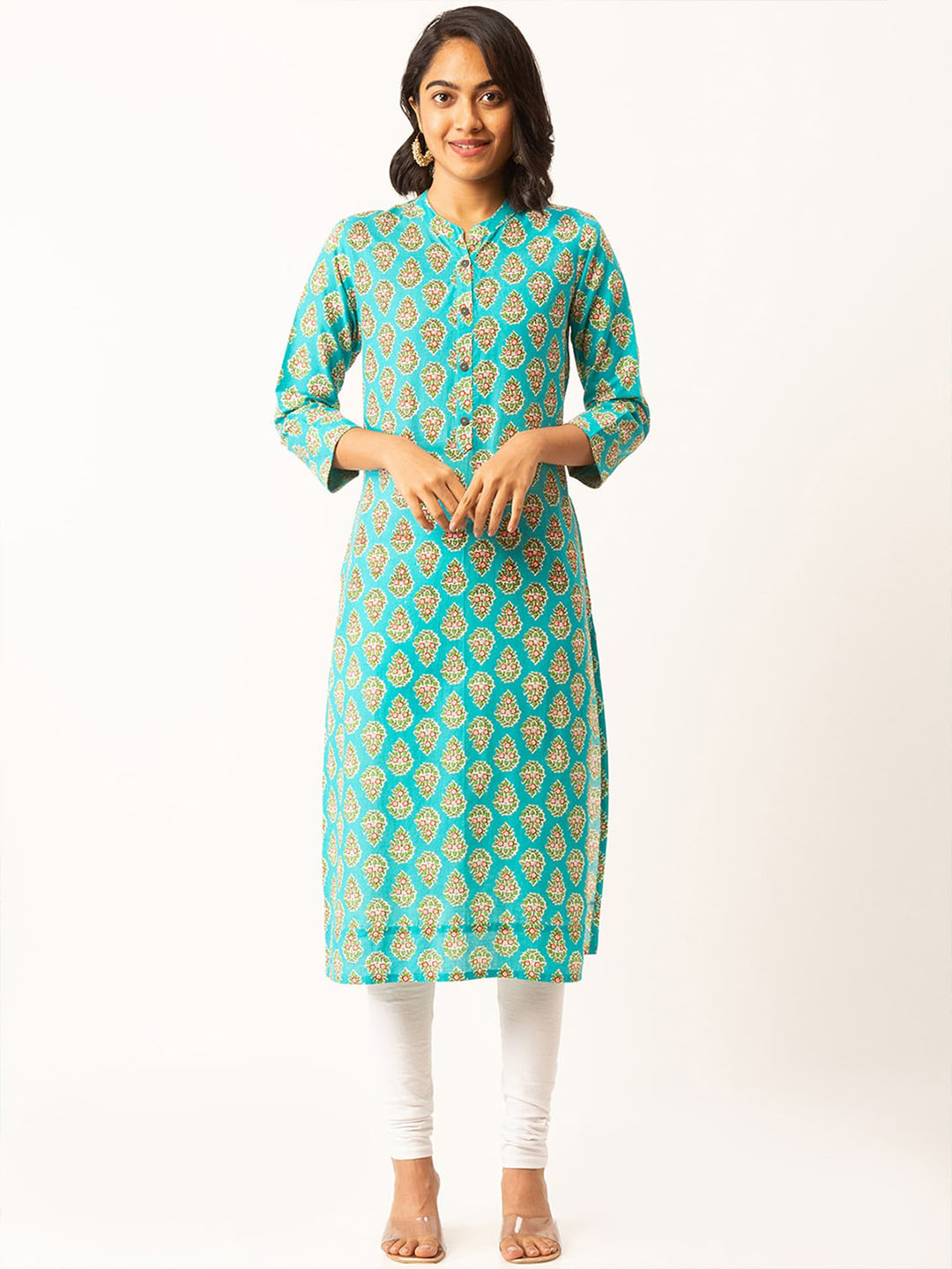 

ODETTE Floral Printed Mandarin Collar Cotton Straight Kurta, Blue