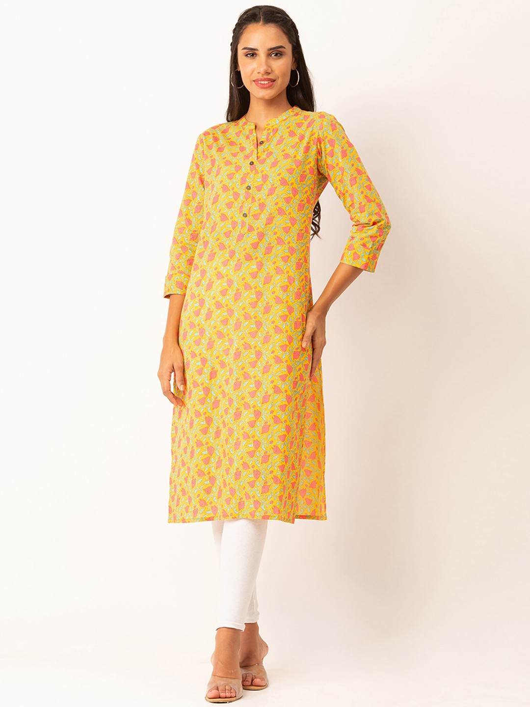 

ODETTE Floral Printed Mandarin Collar Cotton Straight Kurta, Yellow