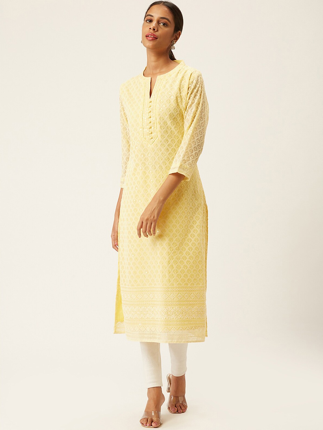 

ODETTE Ethnic Motifs Embroidered Sequinned Georgette Kurta, Yellow