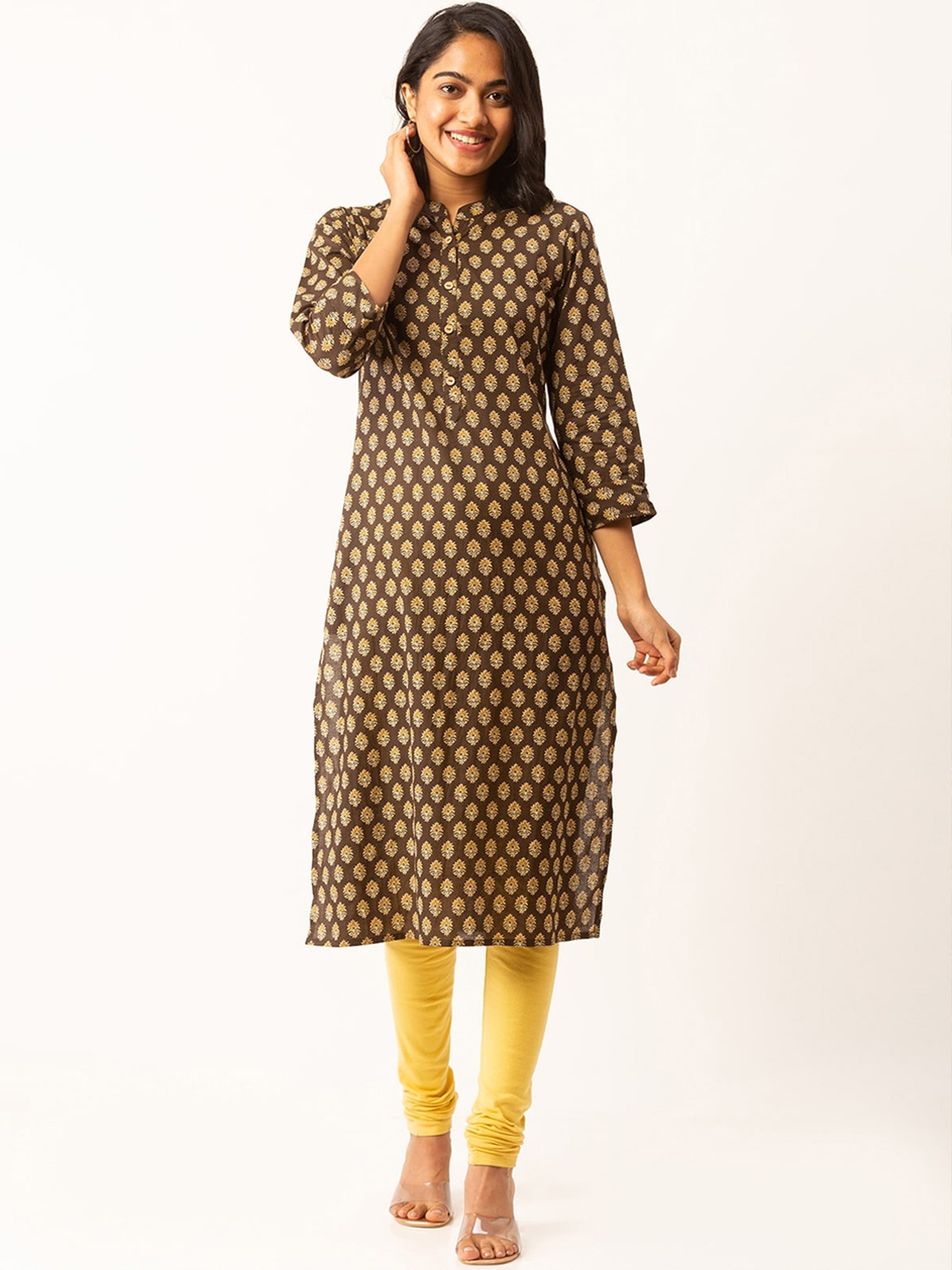 

ODETTE Ethnic Motifs Printed Mandarin Collar Kurta, Brown