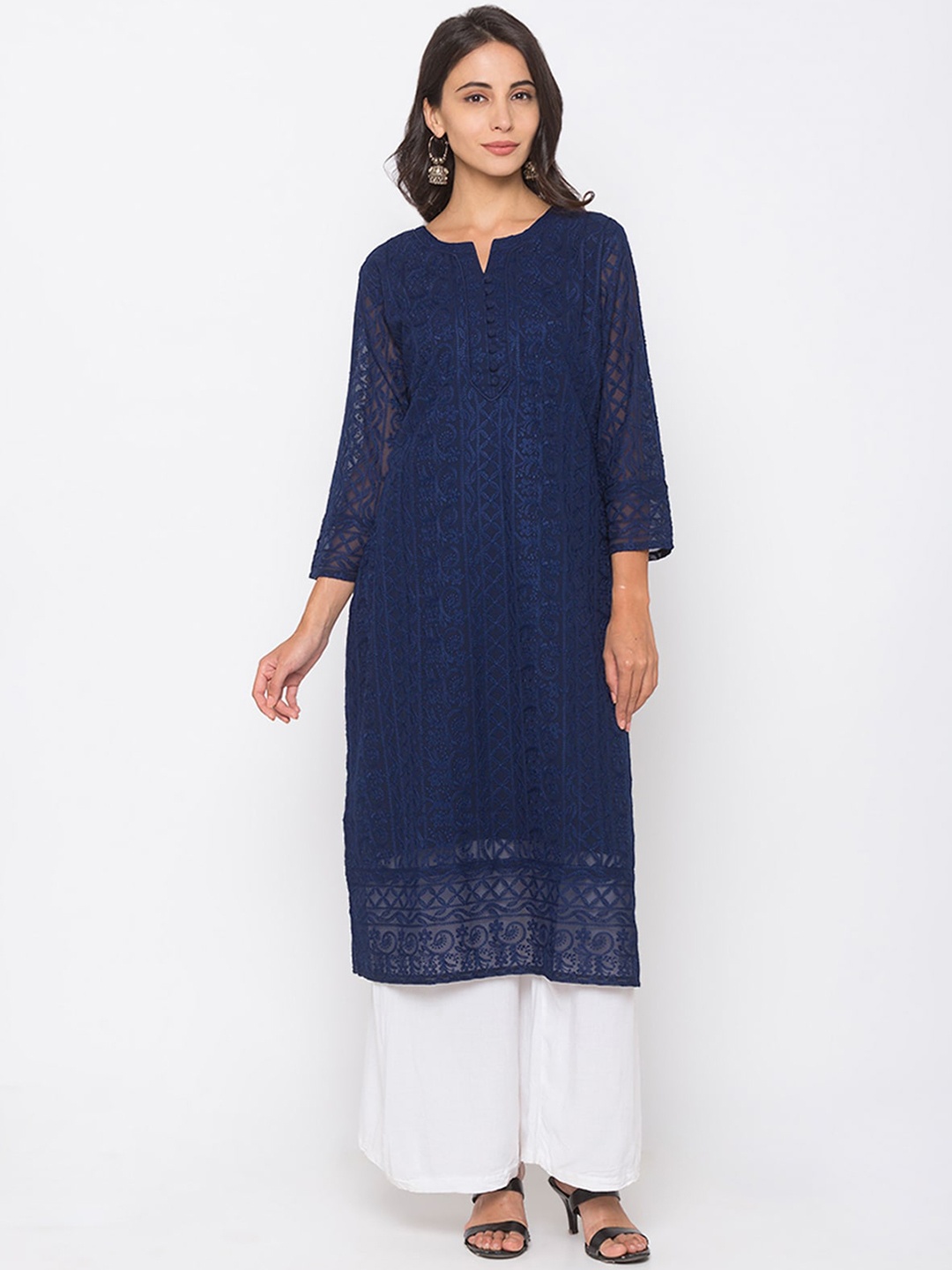 

ODETTE Paisley Embroidered Round Neck Georgette Kurta, Navy blue