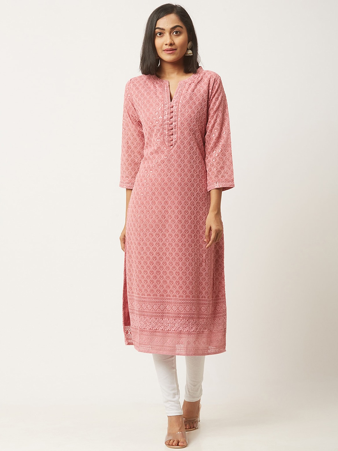 

ODETTE Ethnic Motifs Embroidered Sequinned Georgette Kurta, Pink