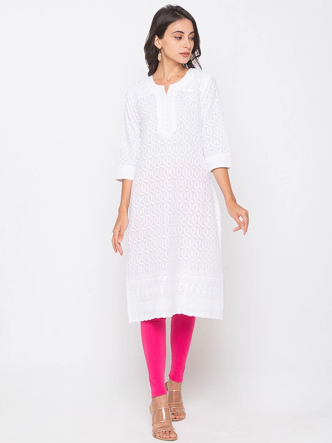 

ODETTE Ethnic Motifs Embroidered Round Neck Kurta, White
