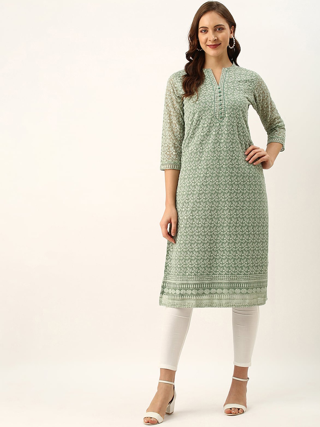

ODETTE Floral Embroidered Thread Work Kurta, Green