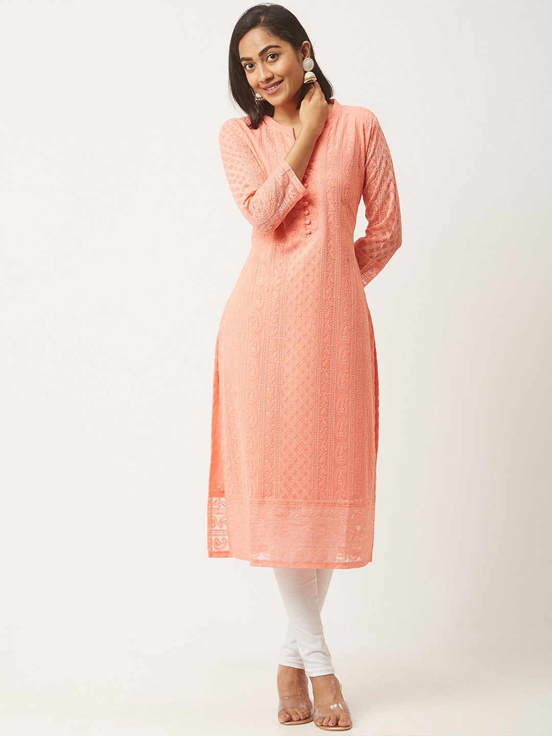 

ODETTE Paisley Embroidered Thread Work Kurta, Peach