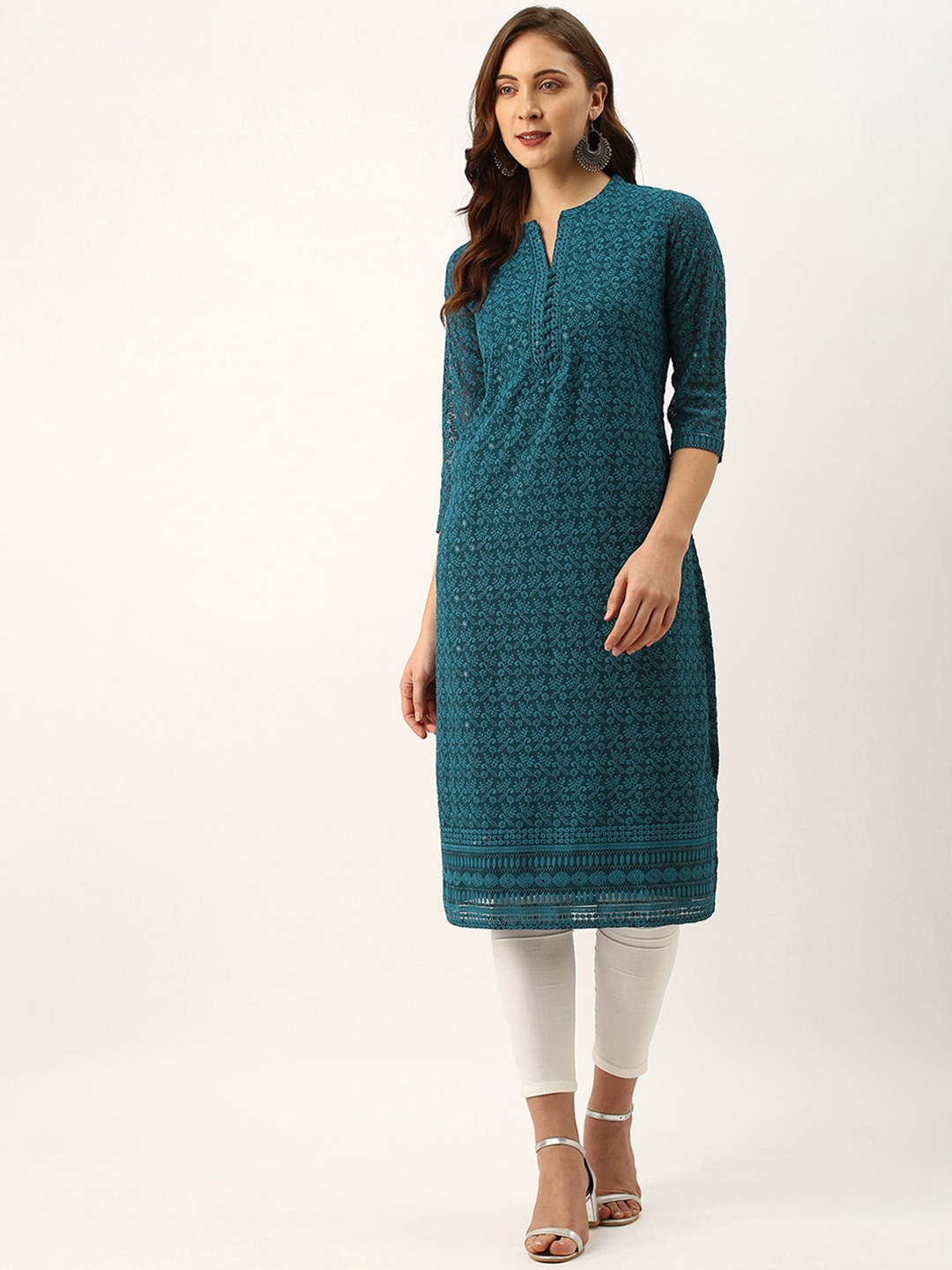 

ODETTE Floral Embroidered Thread Work Kurta, Teal