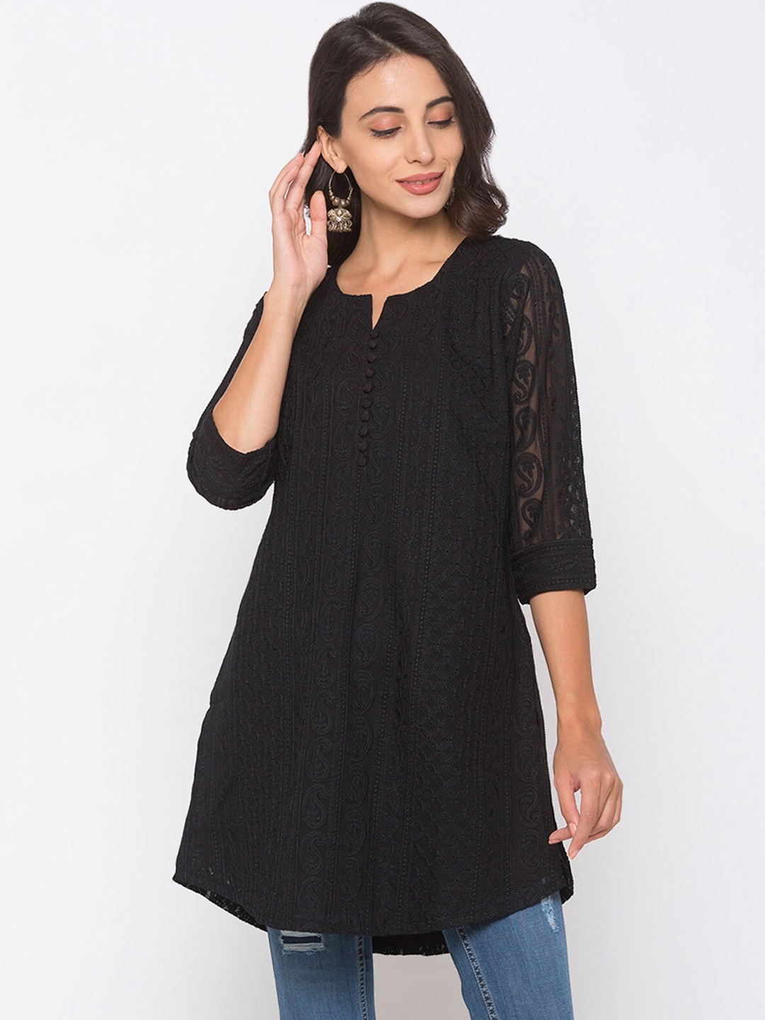 

ODETTE Paisley Embroidered Thread Work Kurta, Black