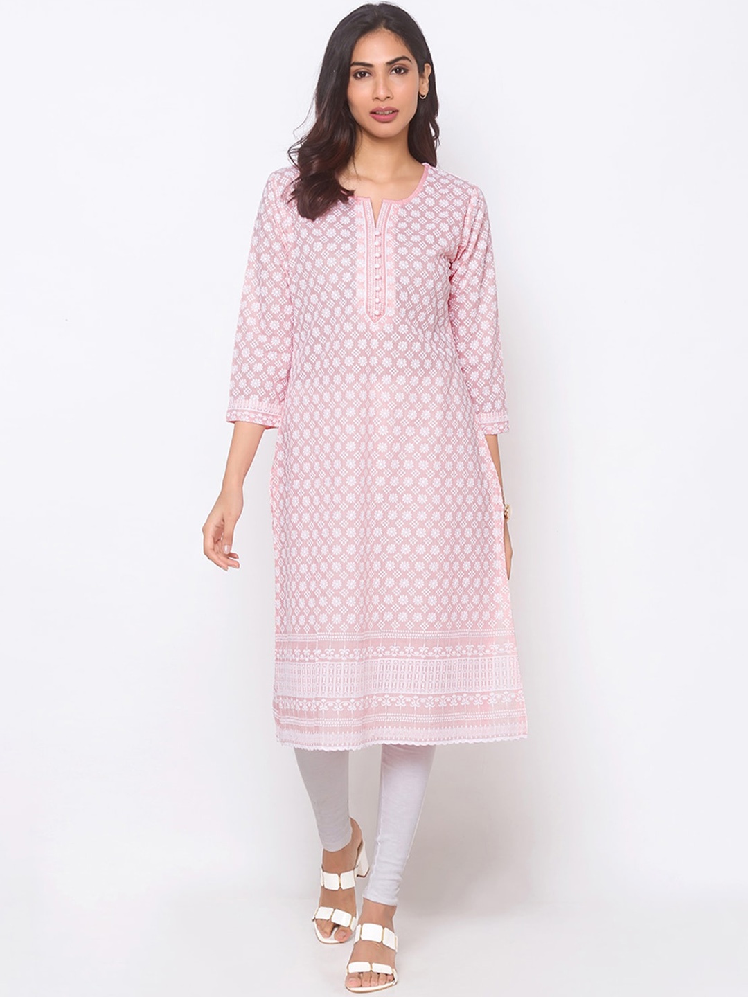 

ODETTE Floral Embroidered Thread Work Cotton Kurta, Peach