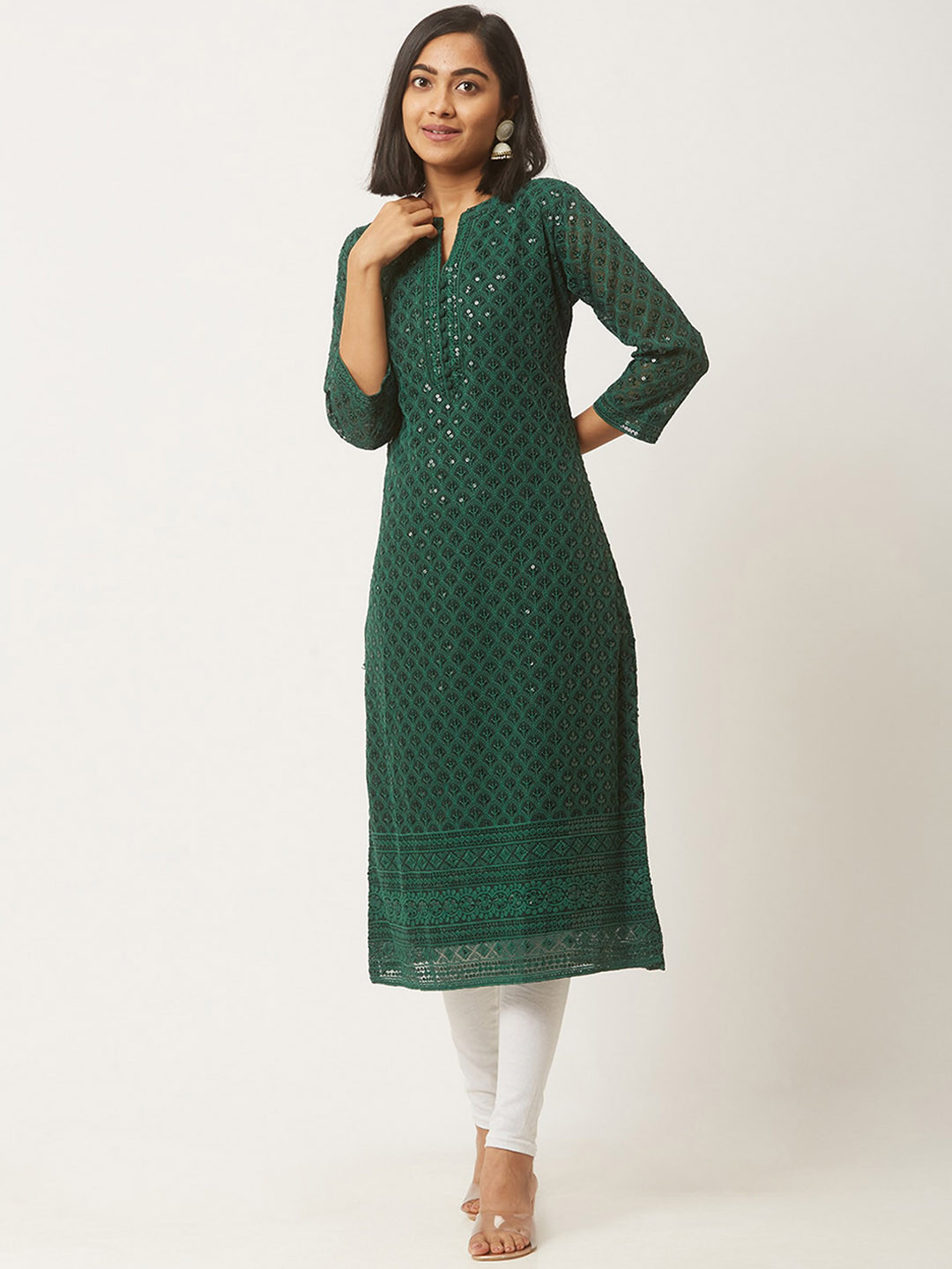

ODETTE Ethnic Motifs Embroidered Thread Work Kurta, Green