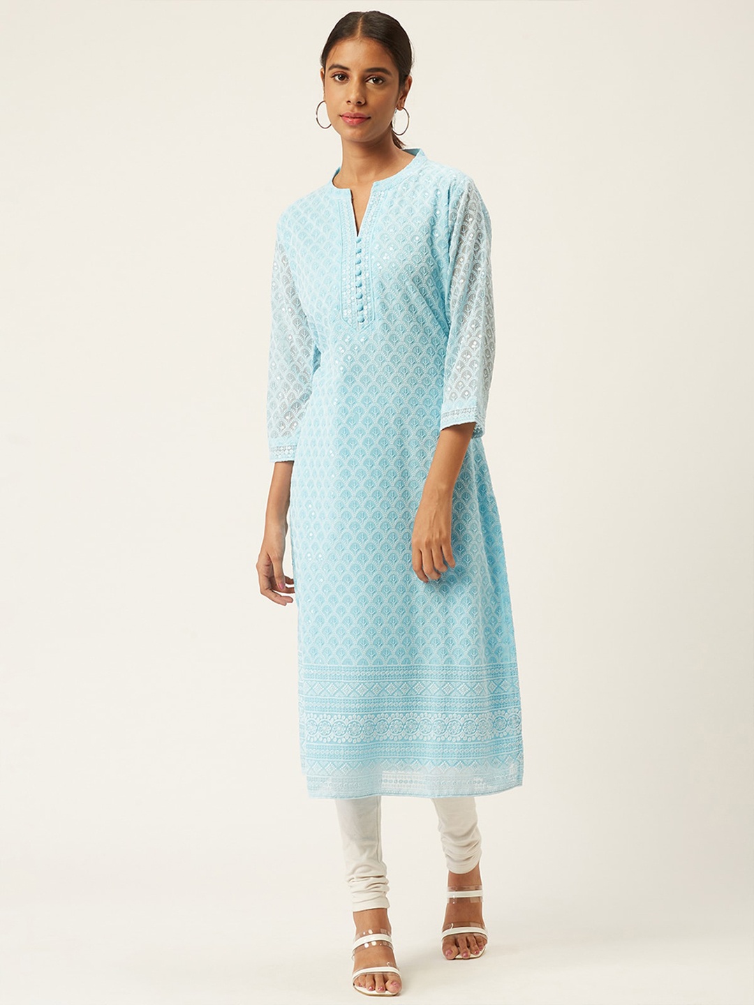 

ODETTE Ethnic Motifs Embroidered Sequinned Kurta, Blue