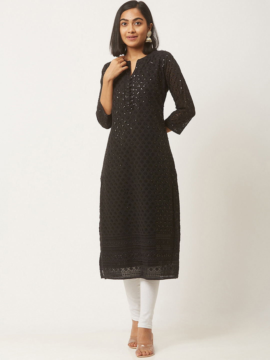 

ODETTE Ethnic Motifs Embroidered Sequinned Kurta, Black