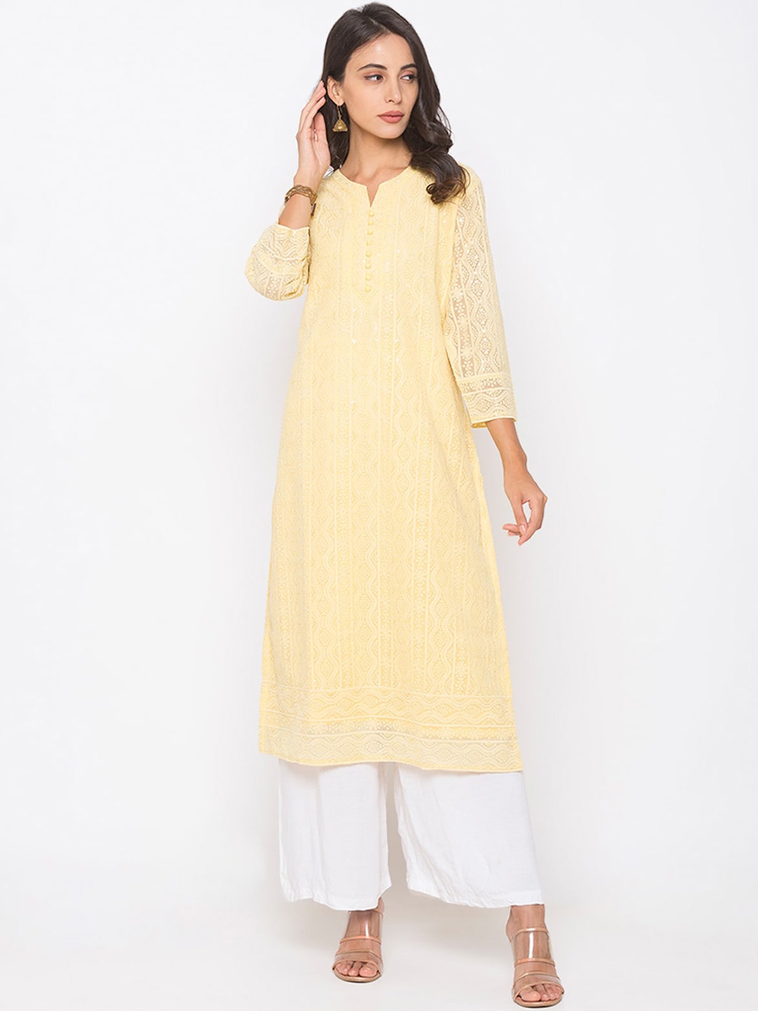 

ODETTE Ethnic Motifs Embroidered Sequinned Kurta, Yellow