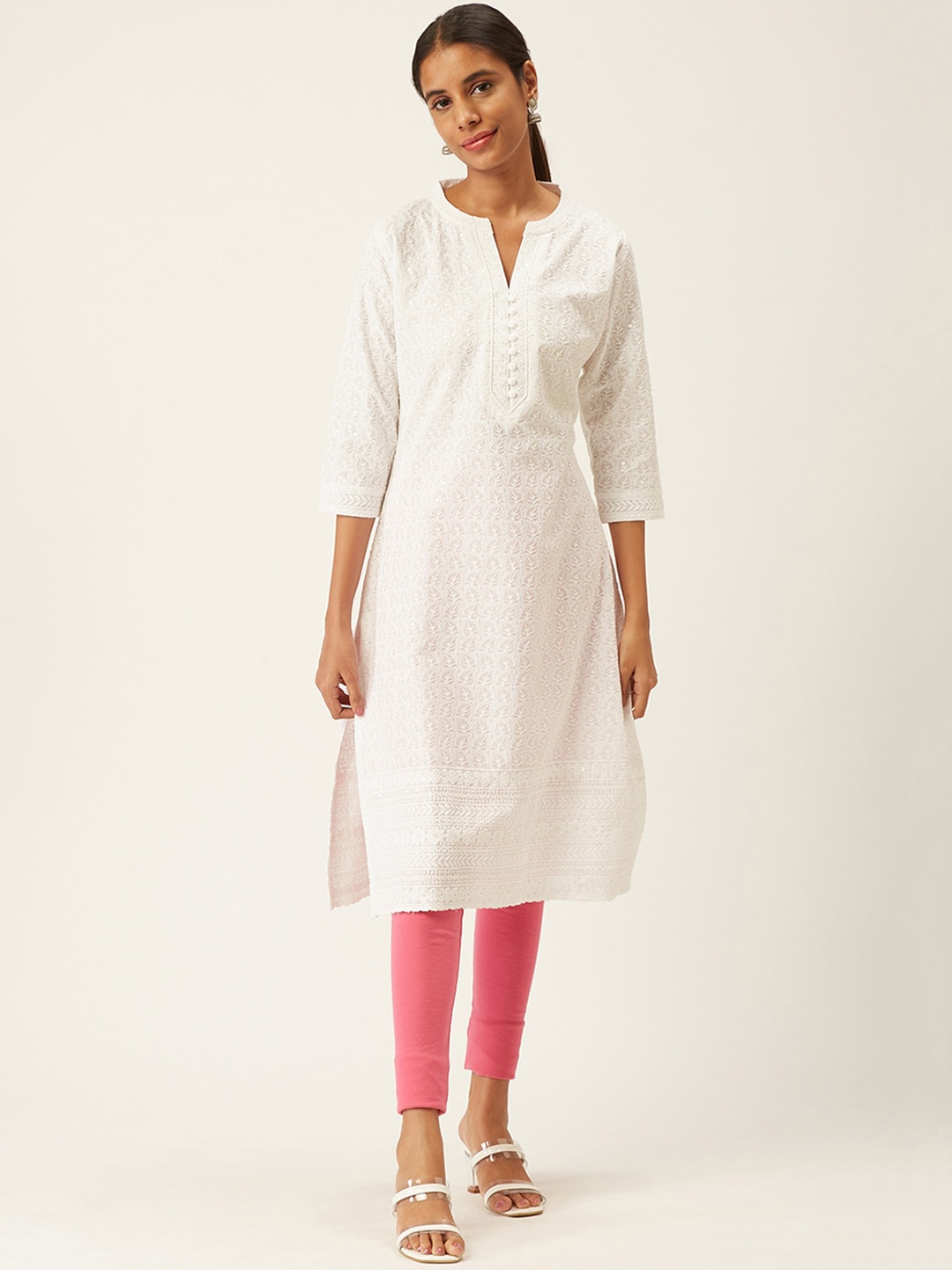 

ODETTE Ethnic Motifs Embroidered Cotton Kurta, White