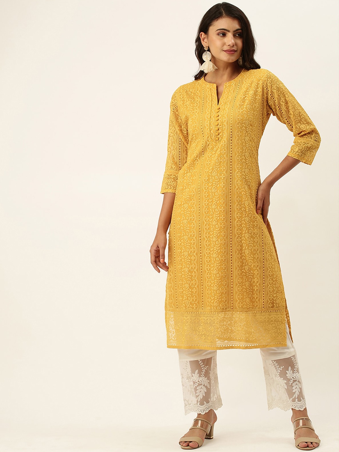 

ODETTE Floral Embroidered Thread Work Kurta, Mustard