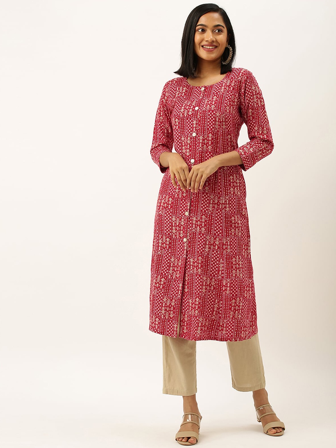 

ODETTE Ethnic Motifs Printed A-Line Kurta, Maroon
