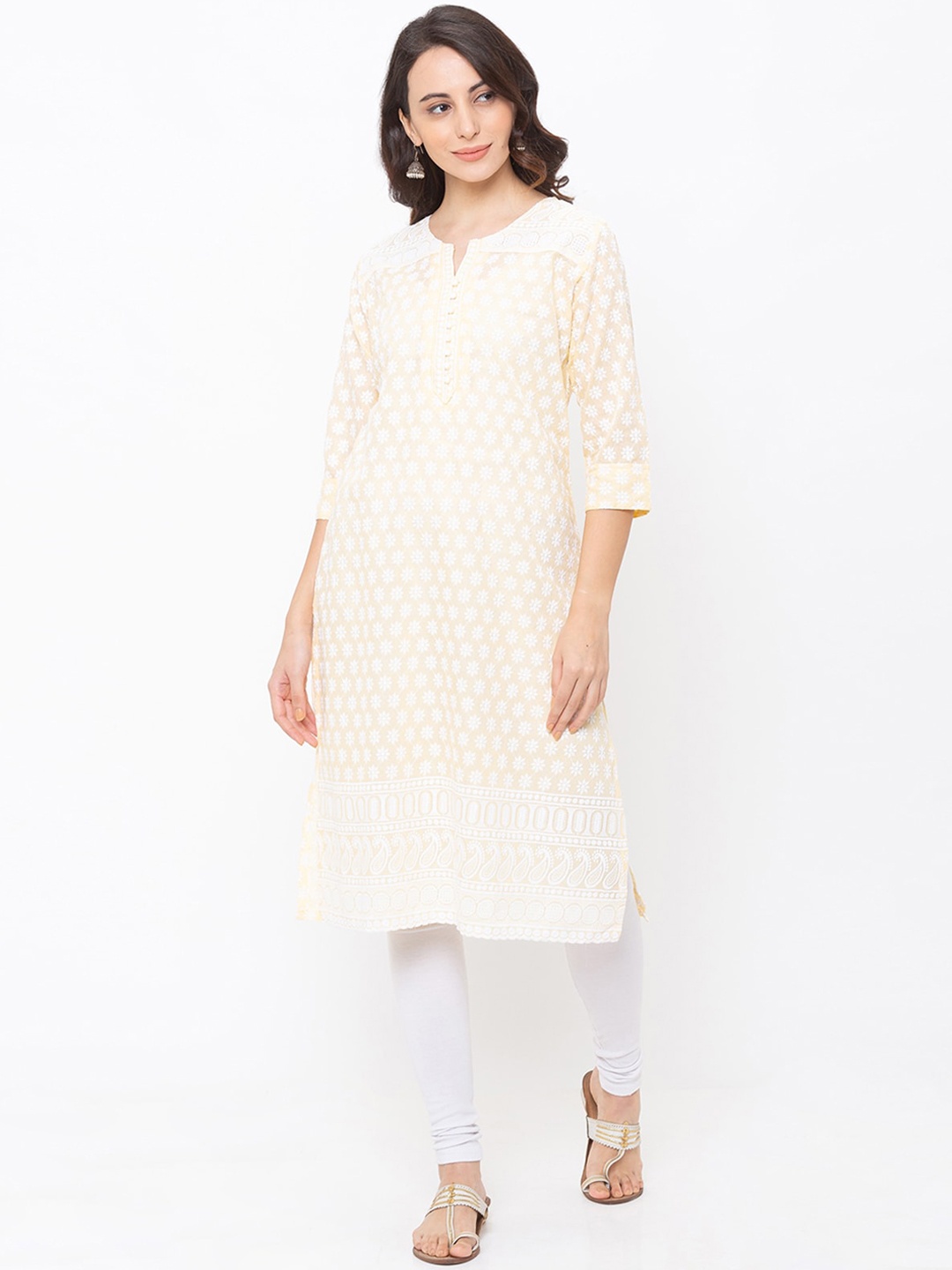 

ODETTE Ethnic Motifs Embroidered Cotton Kurta, Yellow