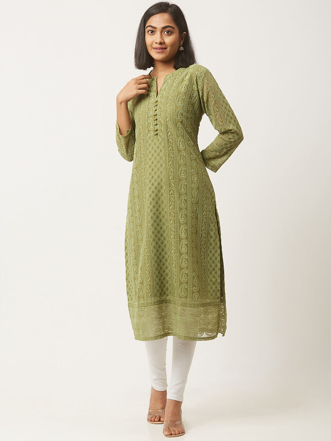 

ODETTE Paisley Embroidered Cotton Kurta, Olive