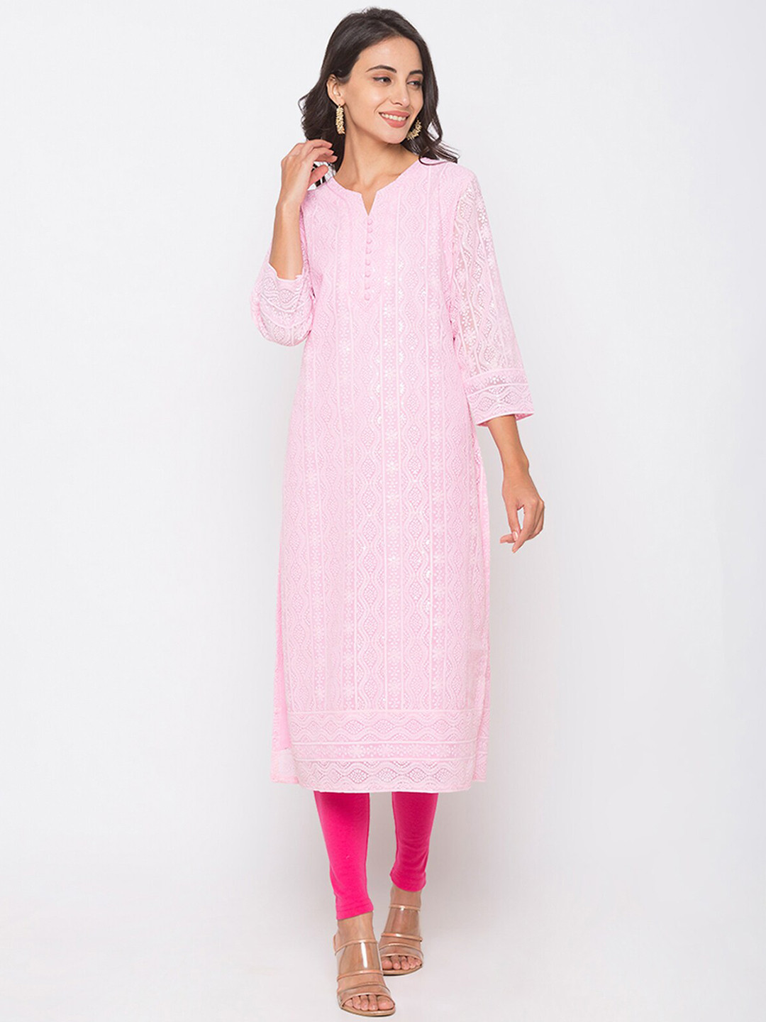 

ODETTE Ethnic Motifs Embroidered Sequinned Kurta, Pink