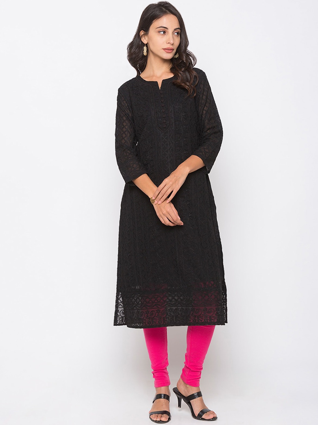 

ODETTE Ethnic Motifs Three-Quarter Sleeves Thread Work Georgette Kurta, Black