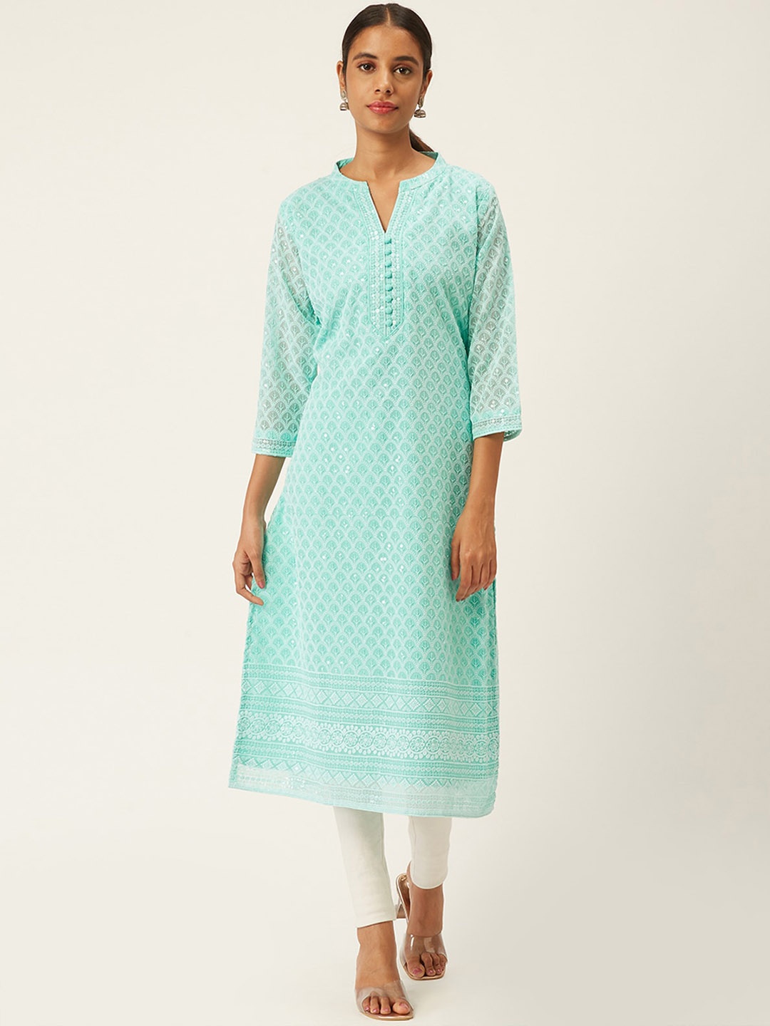 

ODETTE Embroidered Three-Quarter Sleeves Georgette Silk Kurta, Sea green