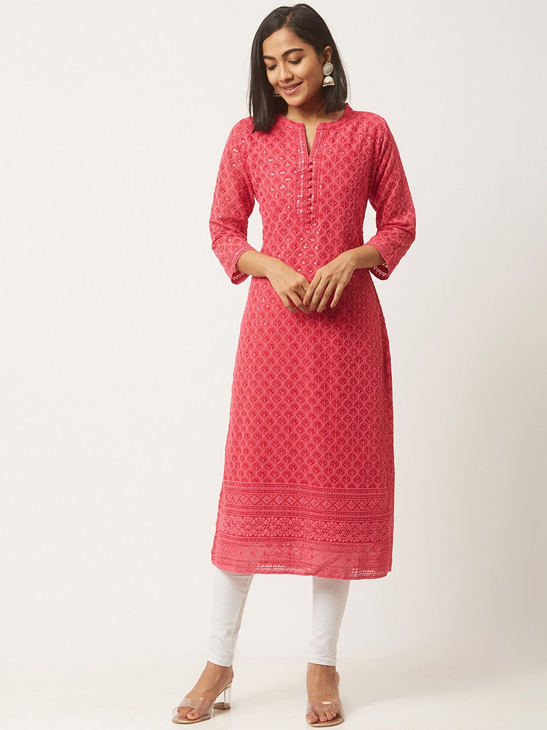 

ODETTE Embroidered Three-Quarter Sleeves Sequins Georgette Kurta, Magenta