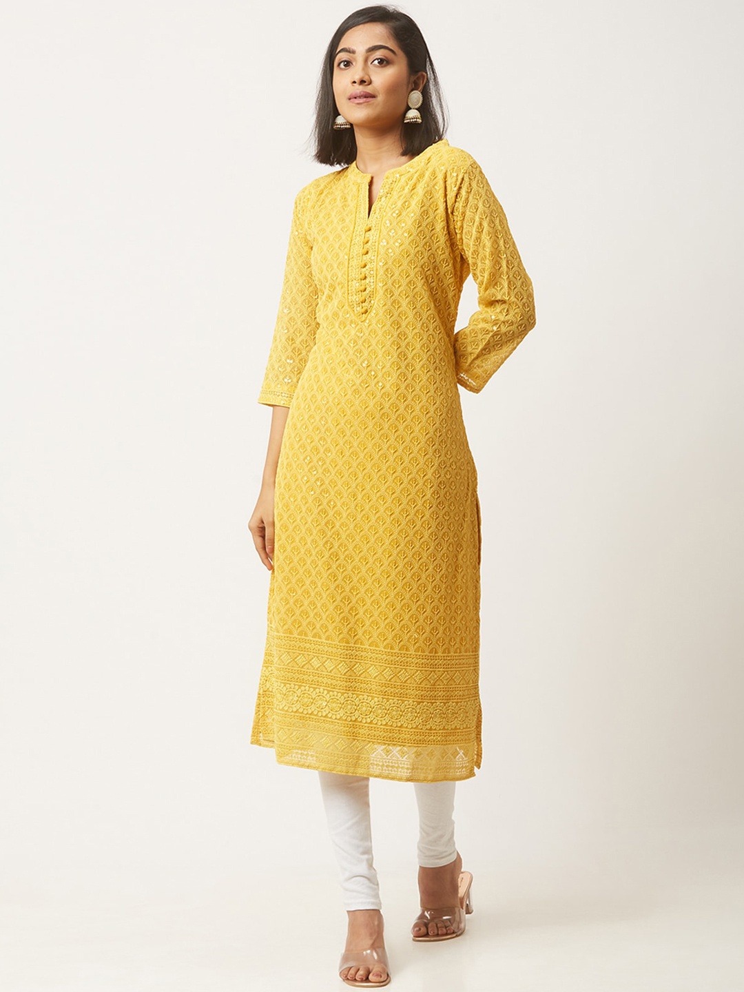 

ODETTE Embroidered Three-Quarter Sleeves Georgette Kurta, Mustard