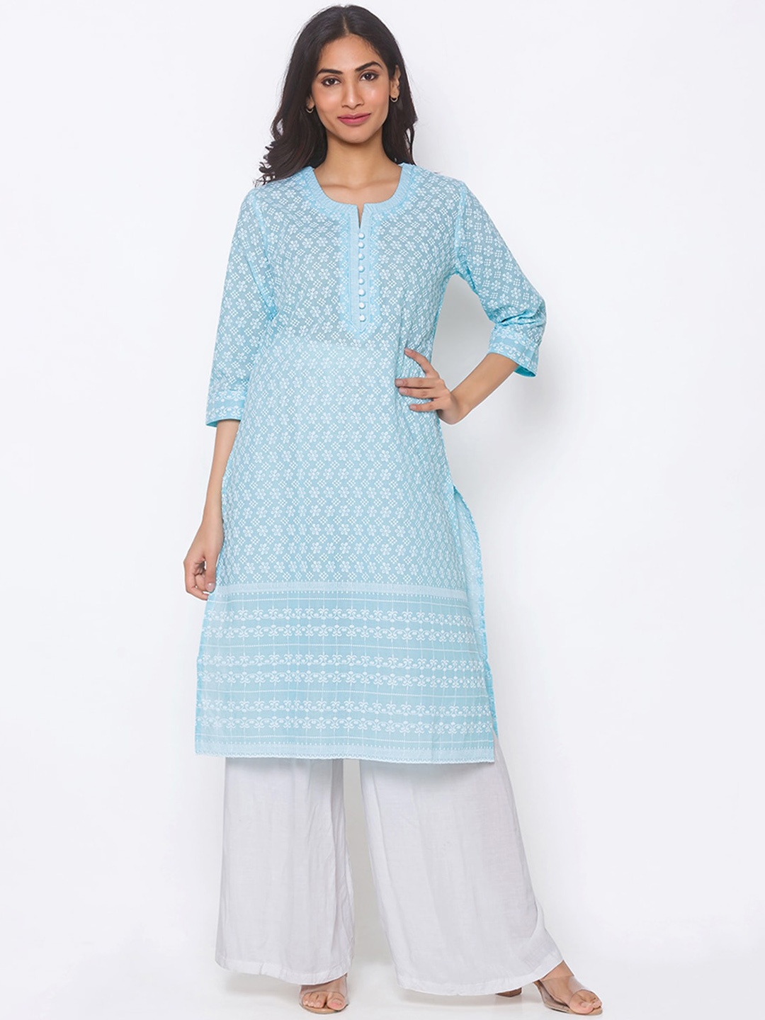 

ODETTE Floral Printed Three-Quarter Sleeves Thread Work Cotton Kurta, Blue