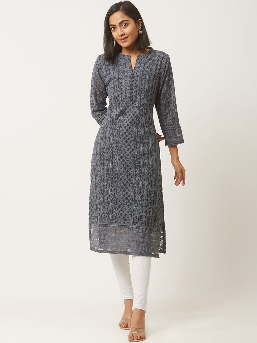 

ODETTE Ethnic Motifs Three-Quarter Sleeves Thread Work Georgette Kurta, Grey