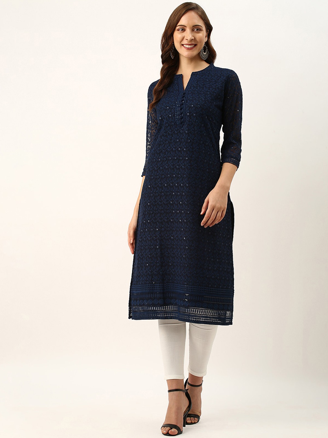 

ODETTE Embroidered Three-Quarter Sleeves Sequins Georgette Kurta, Navy blue