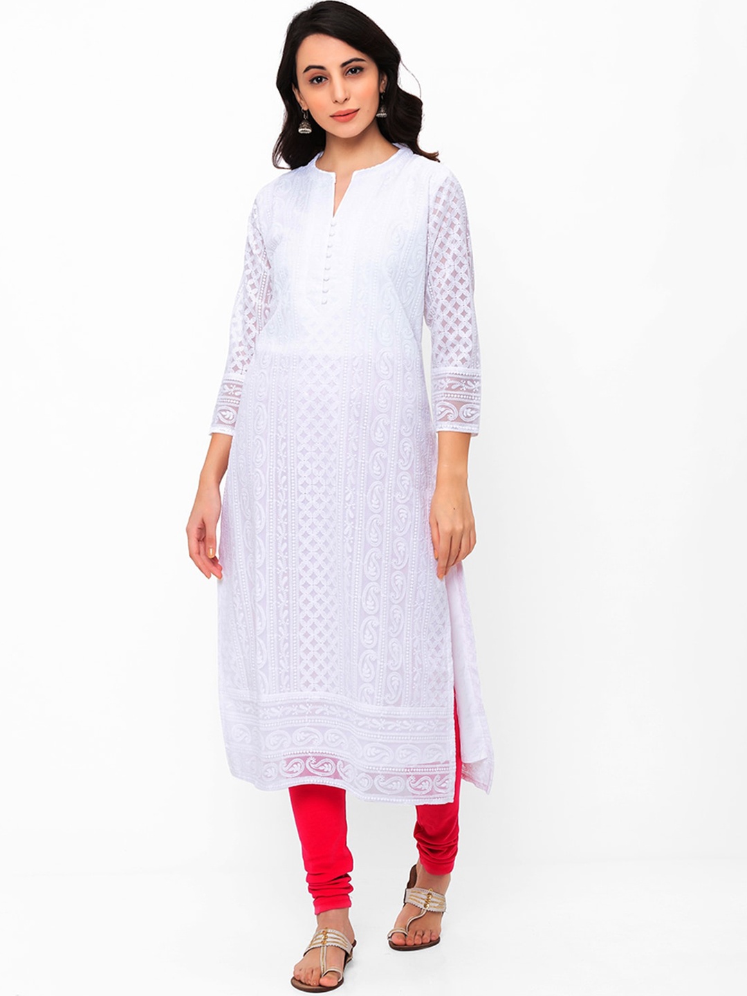 

ODETTE Ethnic Motifs Three-Quarter Sleeves Thread Work Cotton Kurta, White