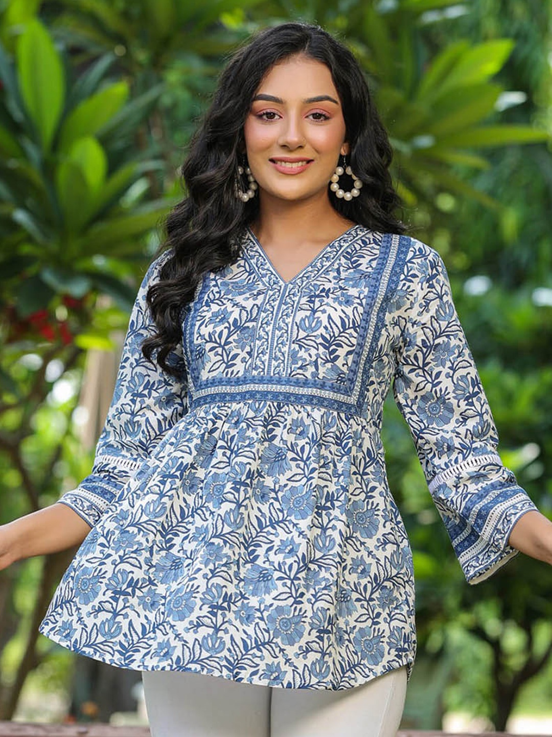 

Rain & Rainbow Floral Print Pure Cotton Top, Blue