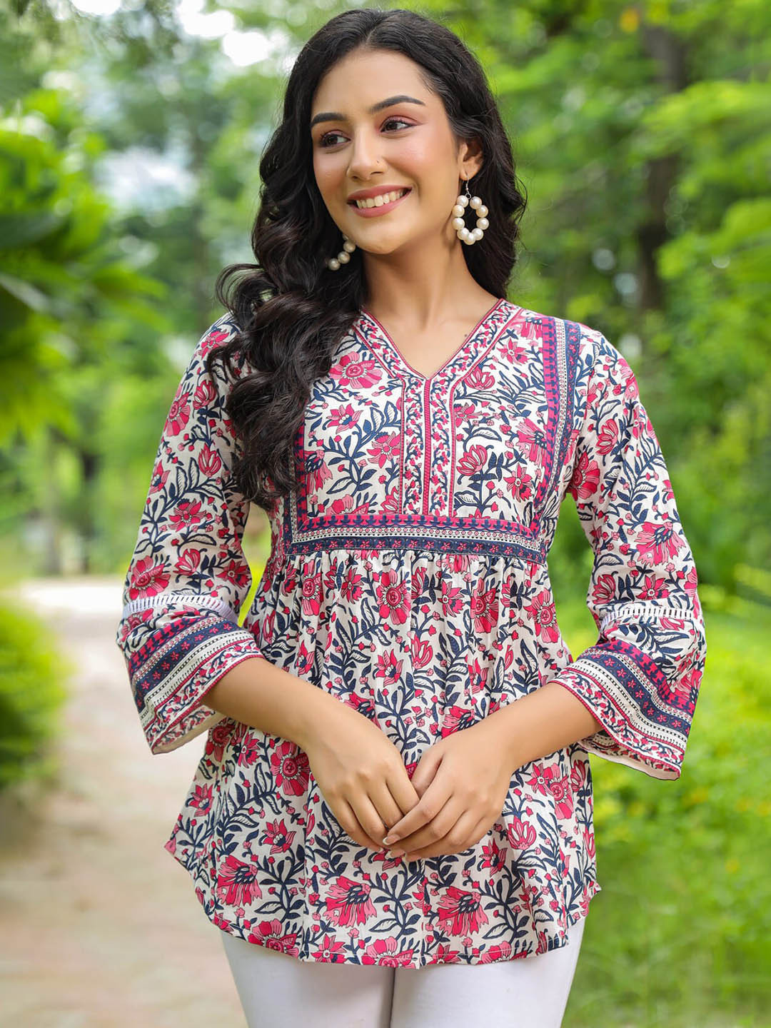 

Rain & Rainbow Floral Print Cotton Empire Top, Pink