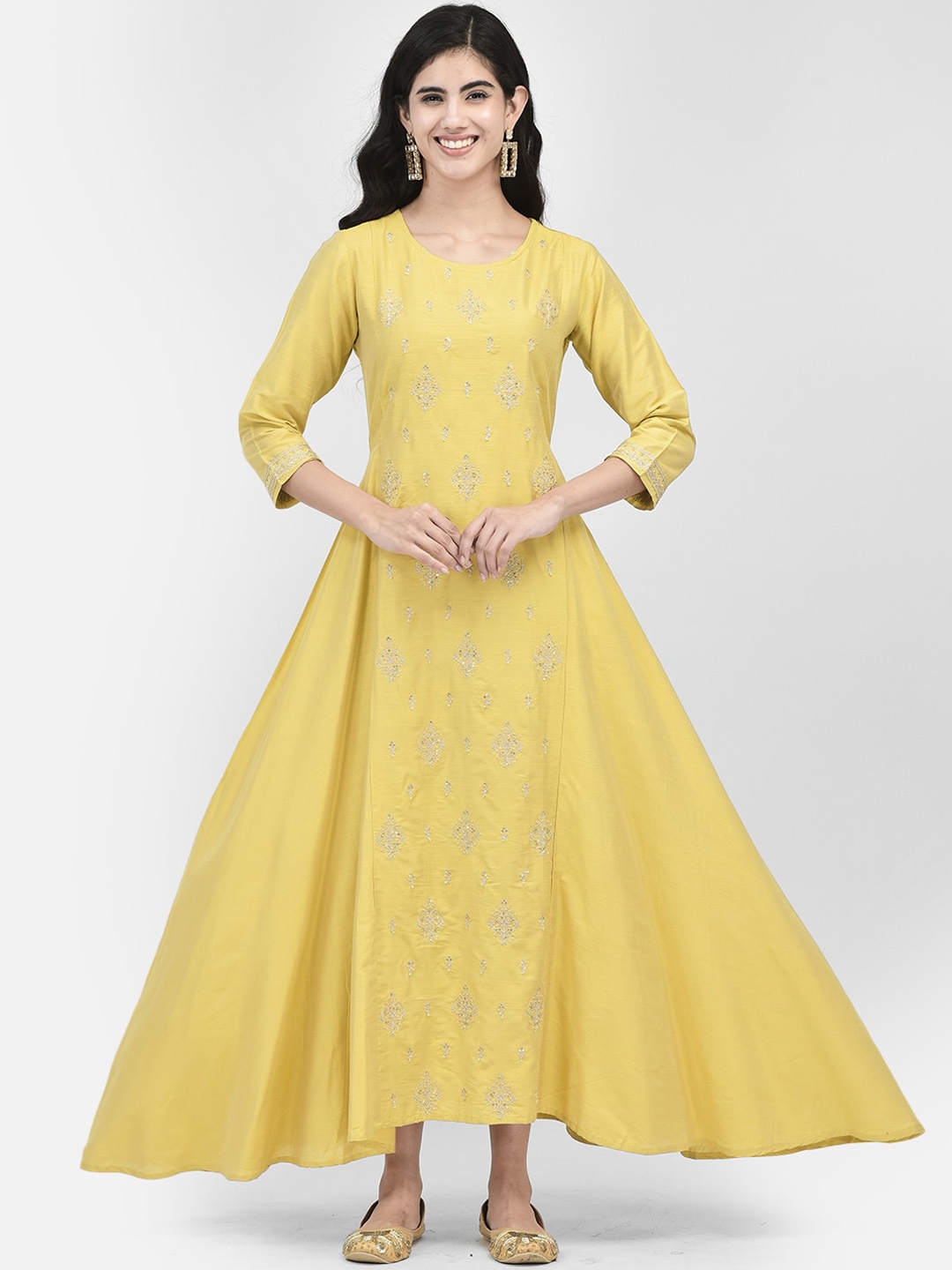 

Span Ethnic Motifs Round Neck Thread Work Maxi Silk Ethnic Dress, Yellow