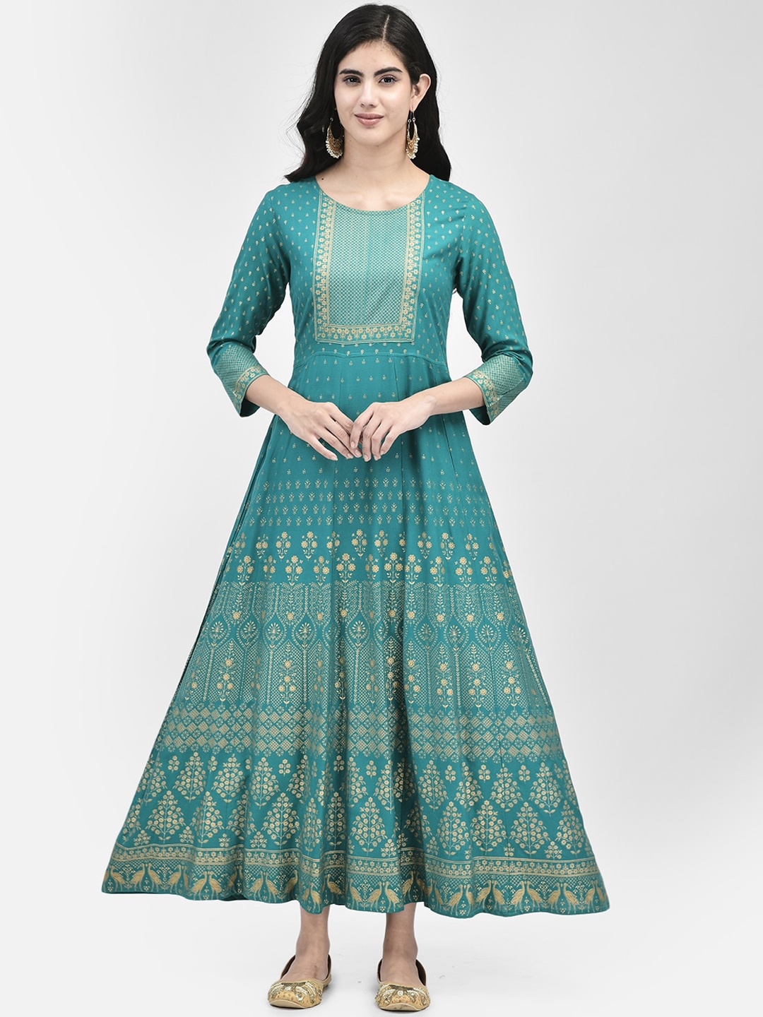 

Span Women Ethnic Printed Round Neck Three-quarter Sleeve Maxi Ethnic Dress, Green