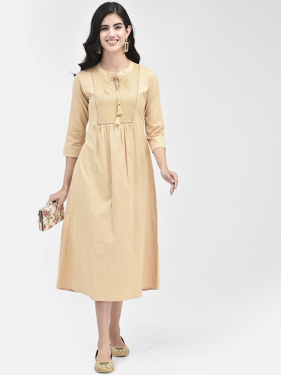 

Span Tie-Up Neck Three-Quarter Sleeve A-Line Pleated Cotton Ethnic Dress, Beige