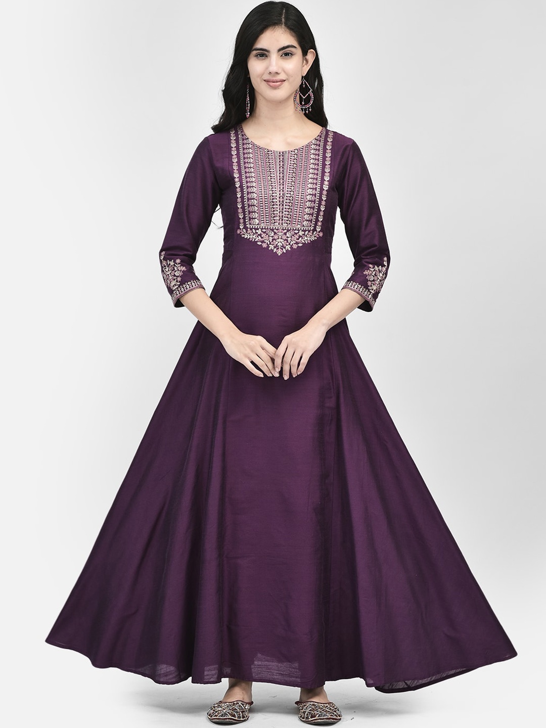 Span Ethnic Motifs Round Neck Thread Work Maxi Silk Ethnic Dress, Purple