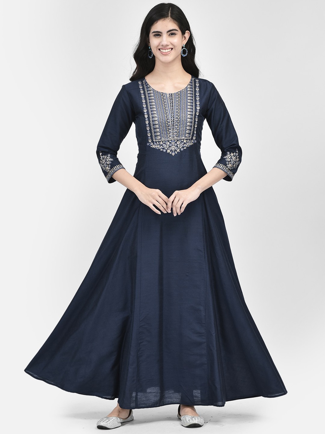 

Span Ethnic Motifs Round Neck Thread Work Maxi Silk Ethnic Dress, Blue