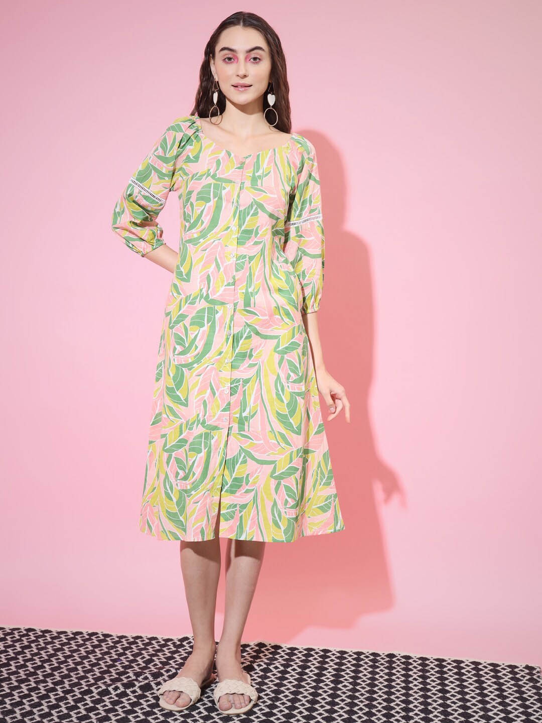 

KALINI Floral Printed A-Line Cotton Midi Dress, Pink