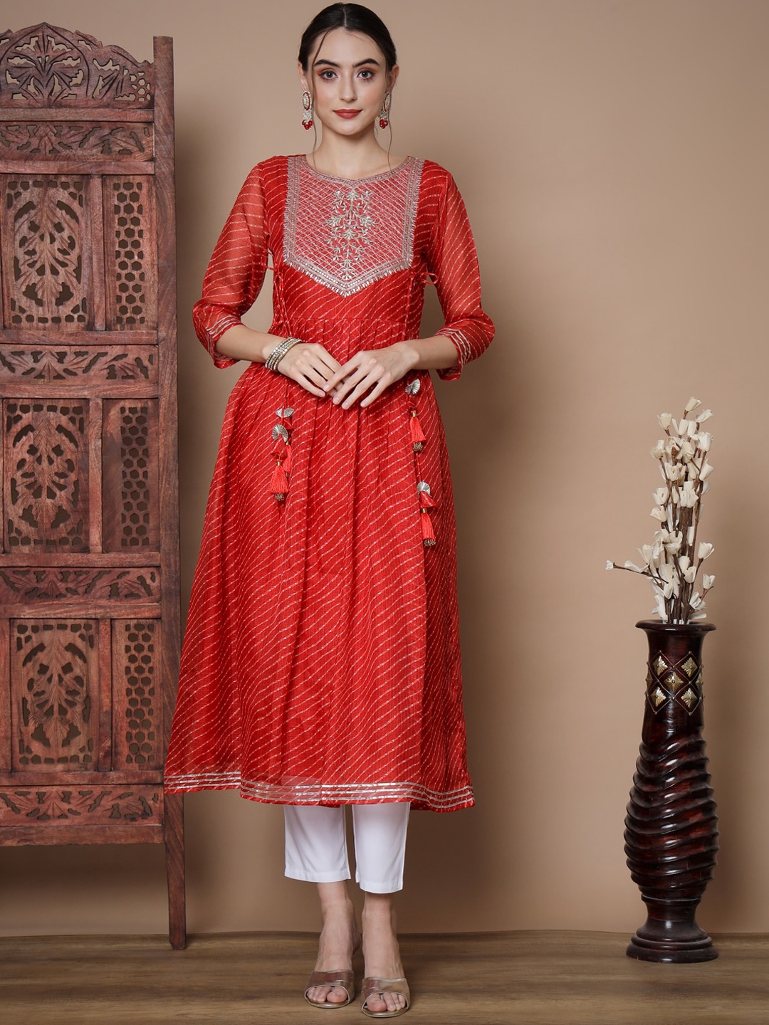 

KALINI Floral Embroidered Anarkali Kurta & Trousers With Dupatta, Red