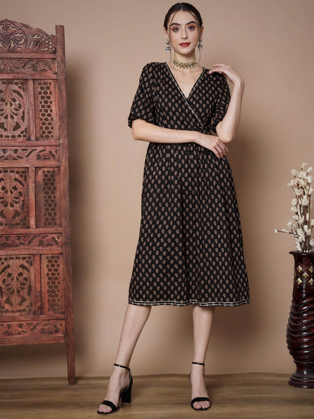 

KALINI Ethnic Motifs Printed Cotton A-Line Midi Dress, Black