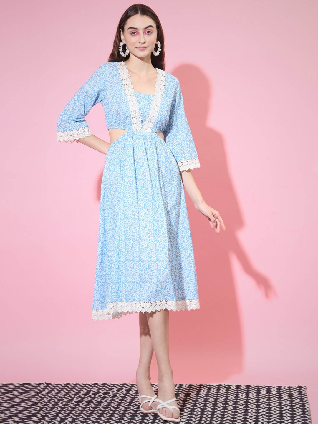 

KALINI Floral Printed Fit & Flare Cotton Midi Dress, Blue