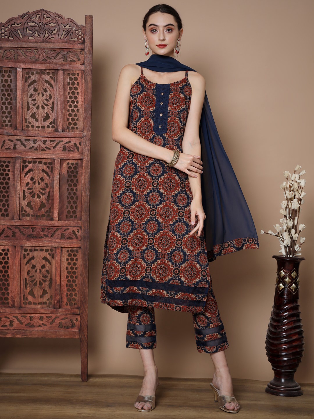 

KALINI Ethnic Motifs Printed Shoulder Straps Pure Cotton Kurta & Trousers With Dupatta, Blue