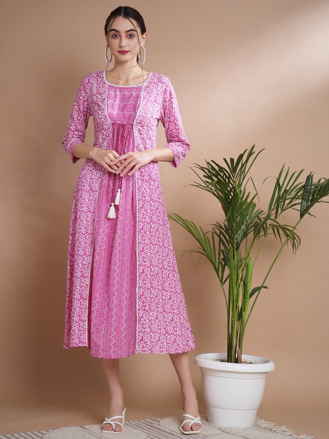 

KALINI Floral Printed Cotton A-Line Midi Dress, Pink