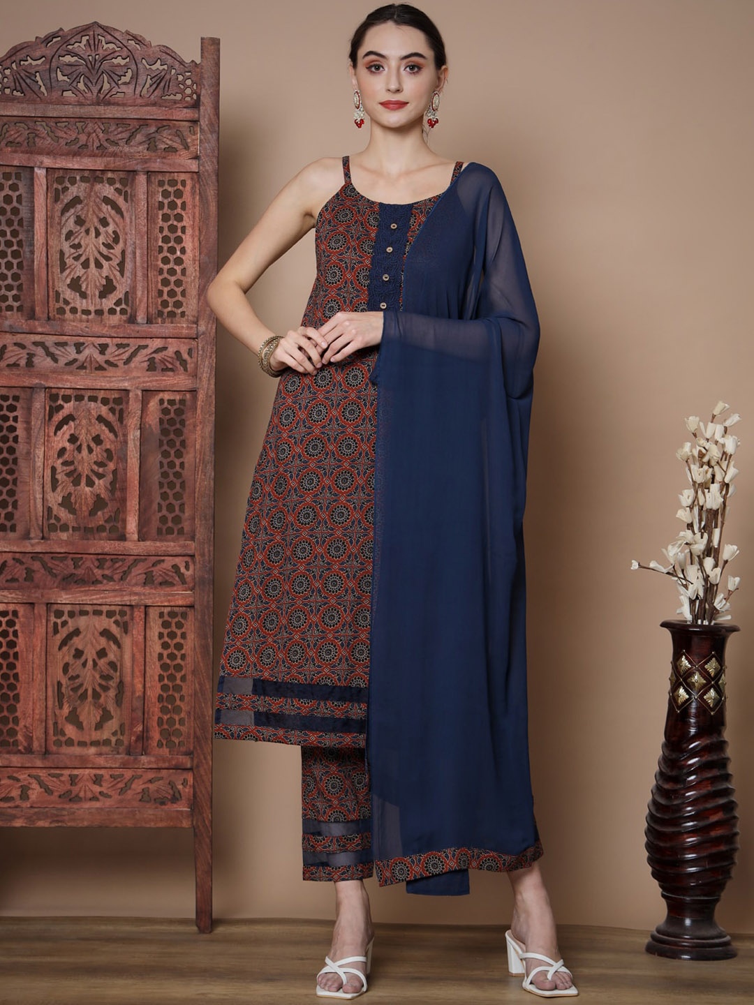 

KALINI Ethnic Motifs Printed Shoulder Straps Pure Cotton Kurta & Trousers With Dupatta, Blue