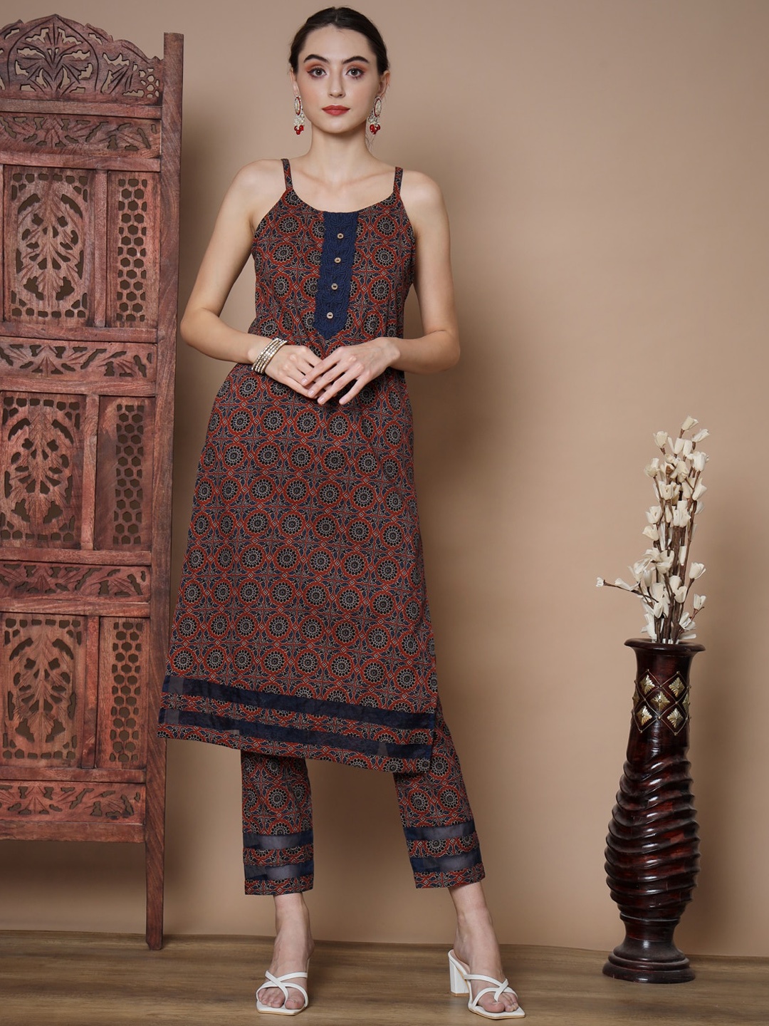 

KALINI Ethnic Motifs Printed Shoulder Straps Pure Cotton Kurta With Trousers, Blue