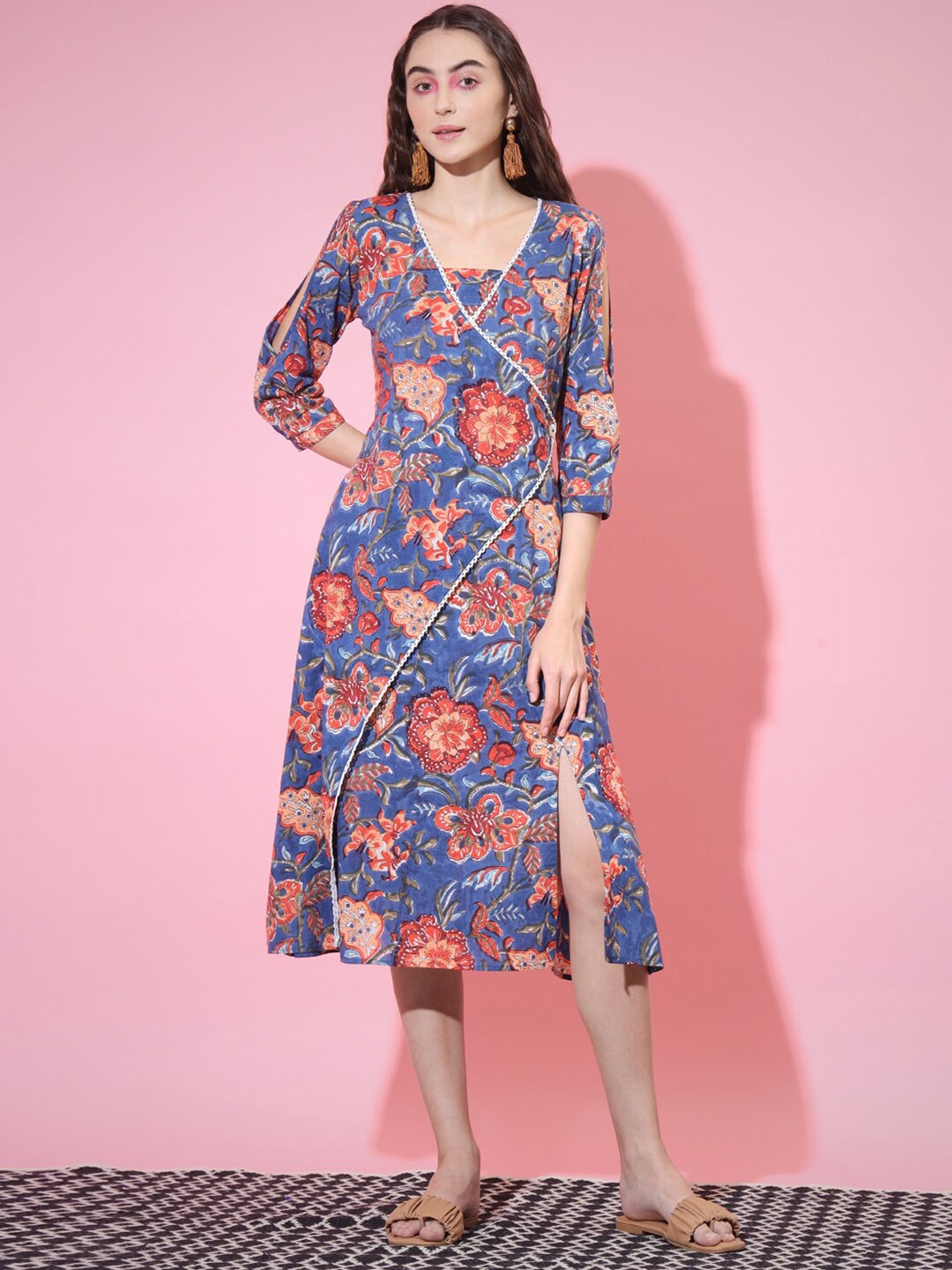 

KALINI Floral Printed A-Line Cotton Midi Dress, Blue