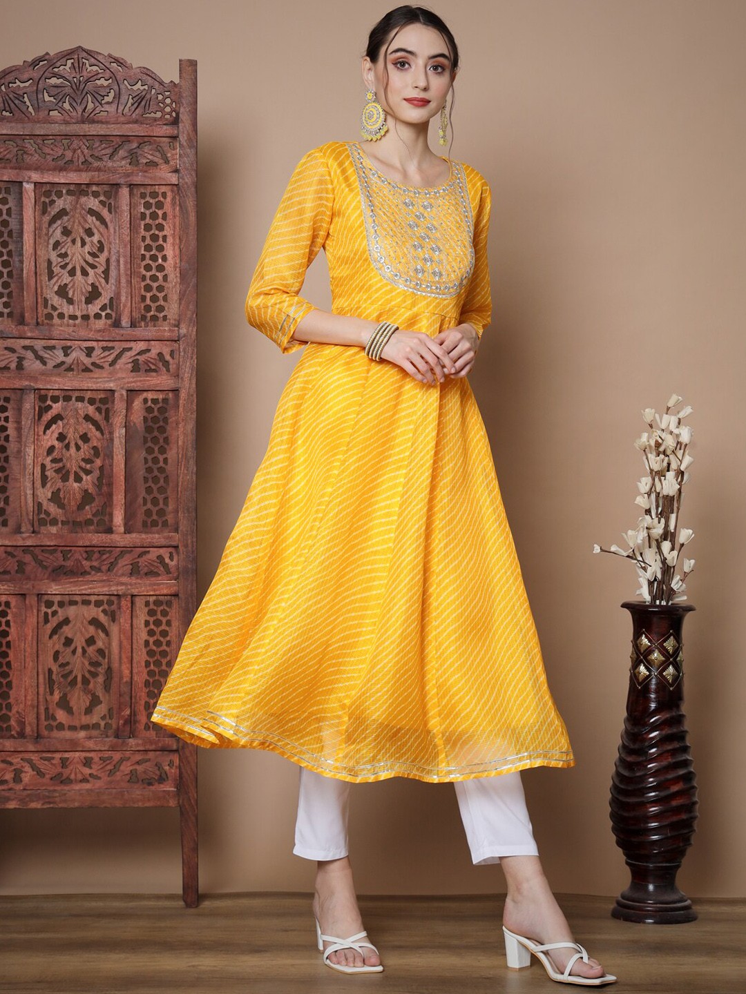 

KALINI Yoke Design Anarkali Pleated Thread Work Chanderi Cotton Kurta, Yellow