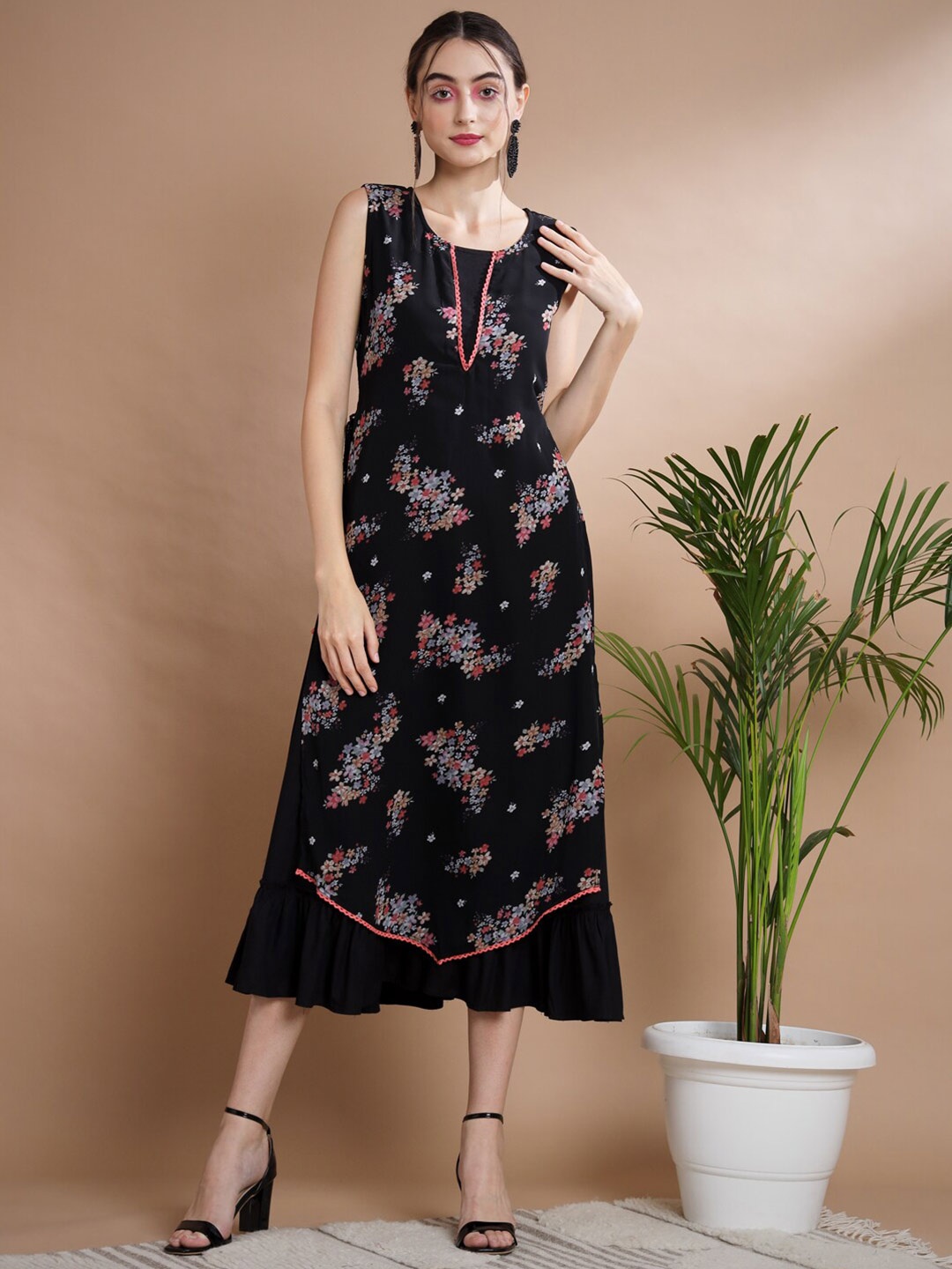 

KALINI Floral Printed Sleeveless Layered A-Line Midi Dress, Black