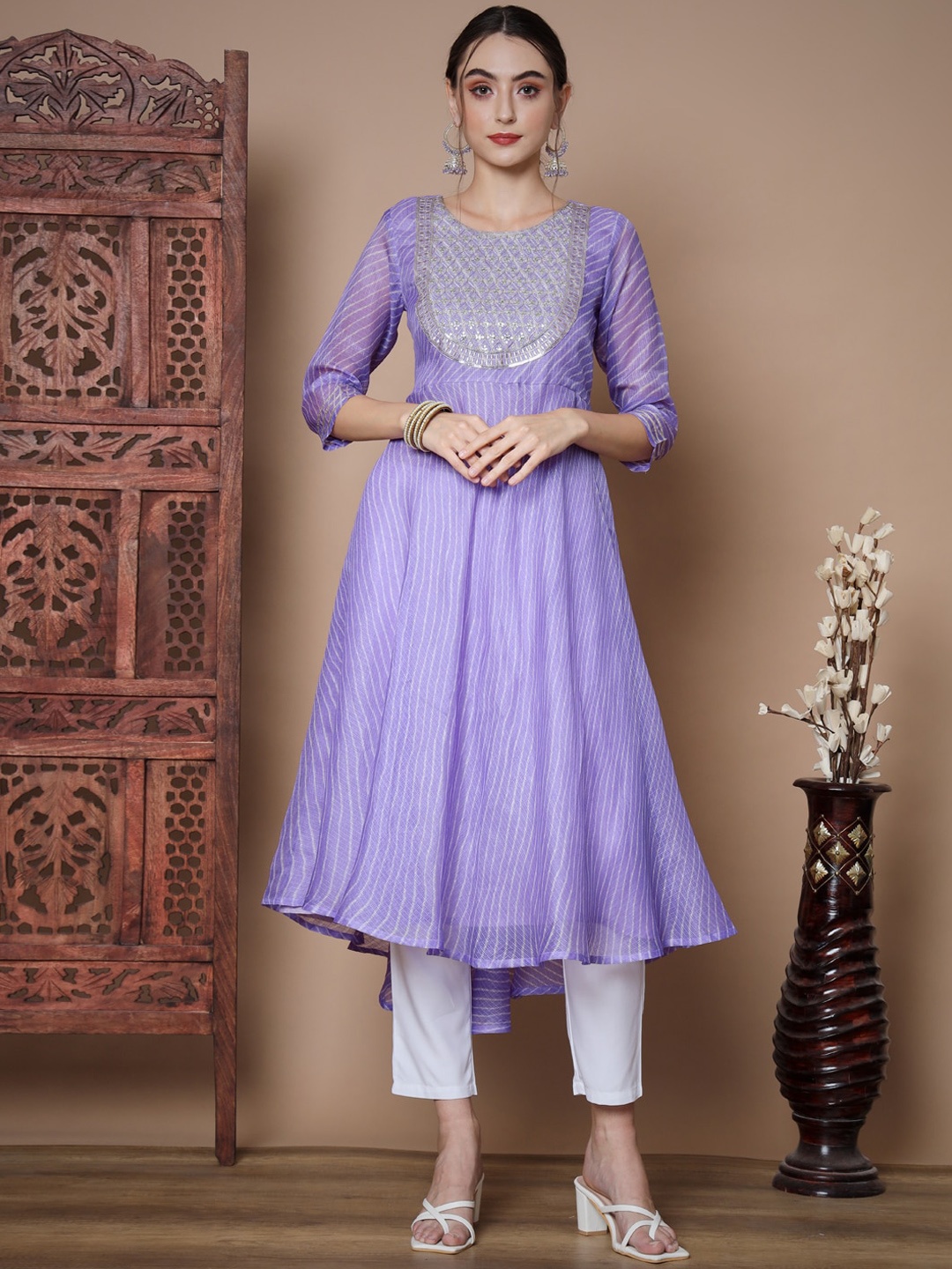 

KALINI Floral Embroidered Sequinned Anarkali Kurta & Trousers With Dupatta, Purple