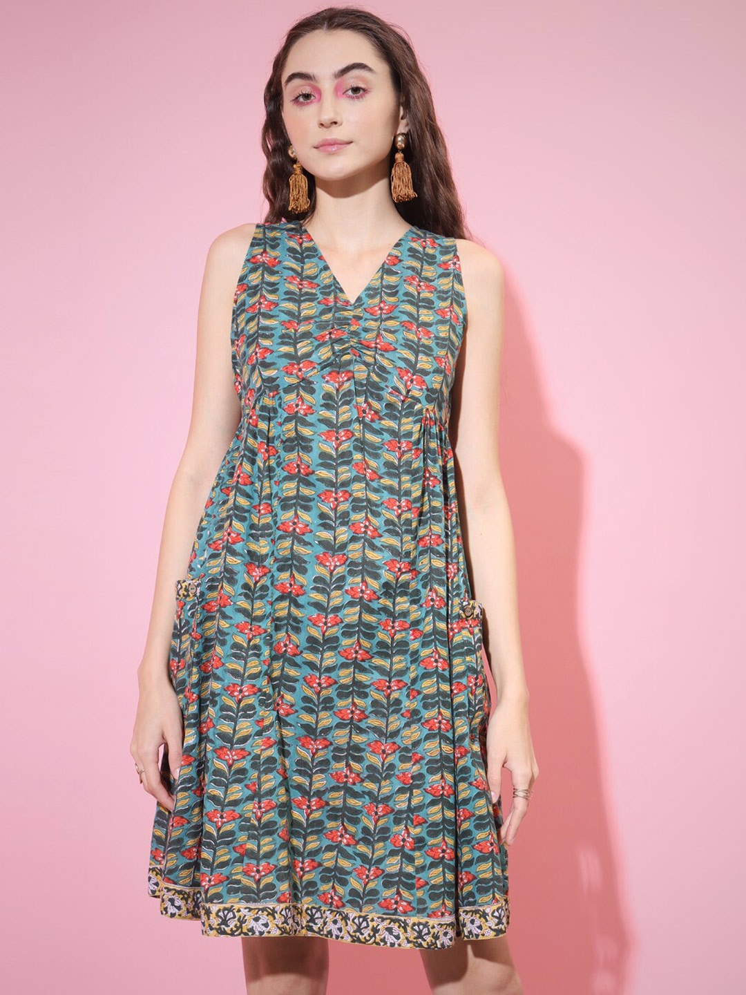

KALINI Floral Printed Cotton A-Line Dress, Green